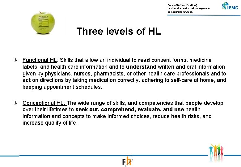 Fachhochschule Flensburg Institut für e. Health und Management im Gesundheitswesen Three levels of HL