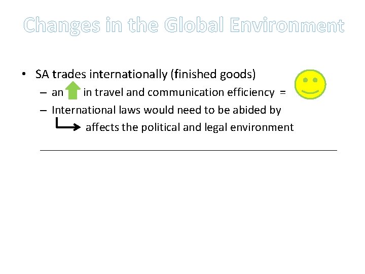 Changes in the Global Environment • SA trades internationally (finished goods) – an in