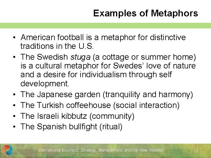 Examples of Metaphors • American football is a metaphor for distinctive traditions in the