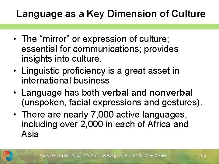 Language as a Key Dimension of Culture • The “mirror” or expression of culture;