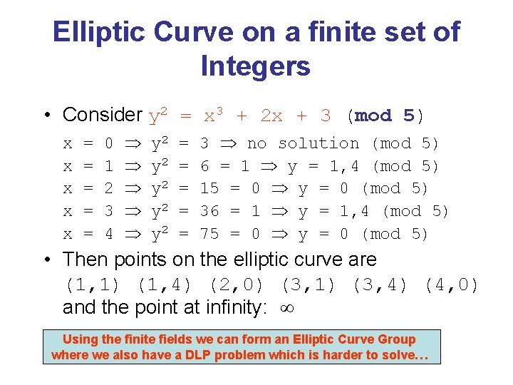 Elliptic Curve on a finite set of Integers • Consider y 2 = x
