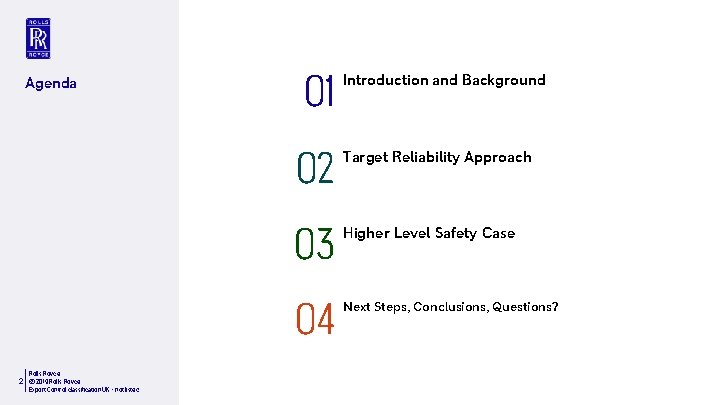 Agenda Rolls-Royce 2 © 2019 Rolls-Royce Export Control classification UK – not listed 01