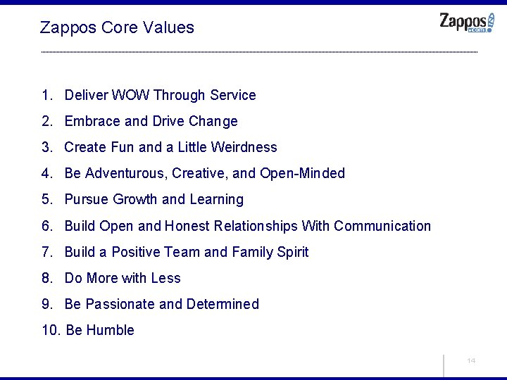 Zappos Core Values 1. Deliver WOW Through Service 2. Embrace and Drive Change 3.