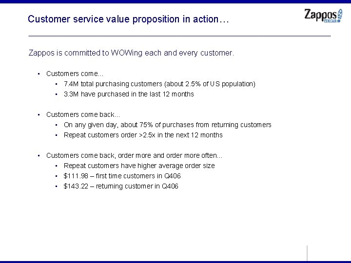 Customer service value proposition in action… Zappos is committed to WOWing each and every