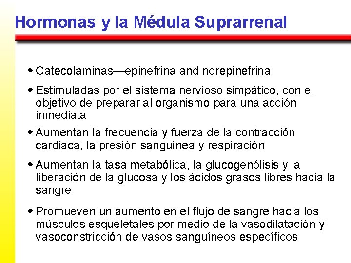 Hormonas y la Médula Suprarrenal w Catecolaminas—epinefrina and norepinefrina w Estimuladas por el sistema