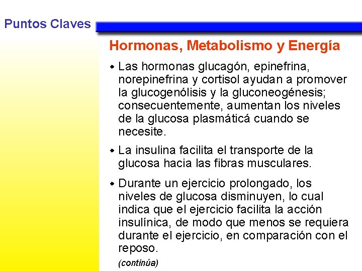 Puntos Claves Hormonas, Metabolismo y Energía w Las hormonas glucagón, epinefrina, norepinefrina y cortisol