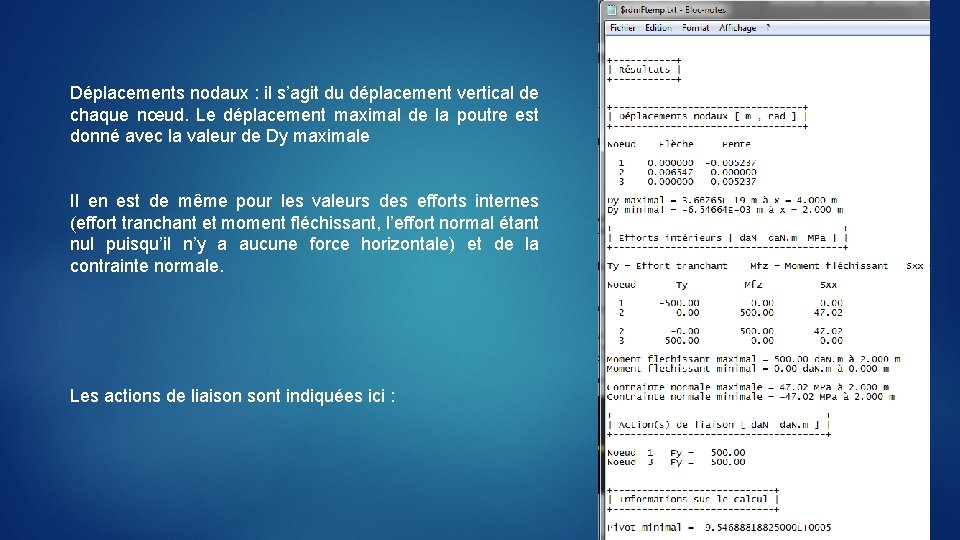 Déplacements nodaux : il s’agit du déplacement vertical de chaque nœud. Le déplacement maximal