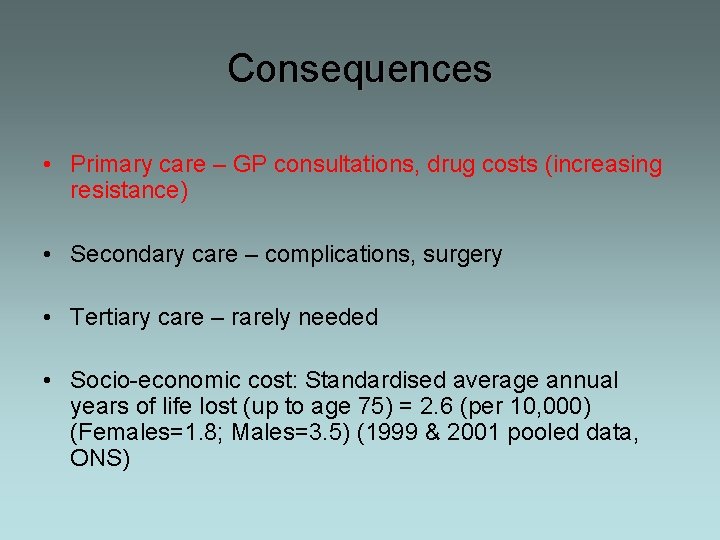 Consequences • Primary care – GP consultations, drug costs (increasing resistance) • Secondary care