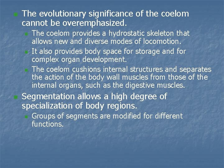 n The evolutionary significance of the coelom cannot be overemphasized. n n The coelom