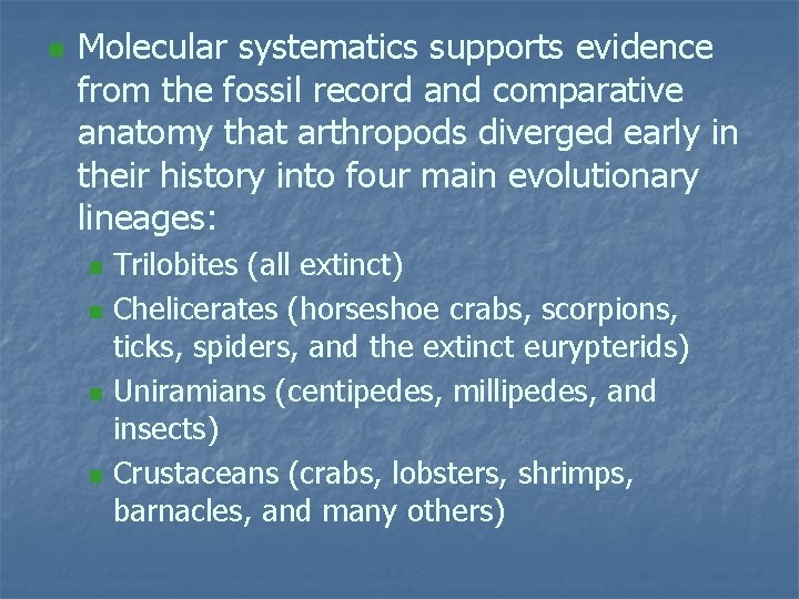 n Molecular systematics supports evidence from the fossil record and comparative anatomy that arthropods