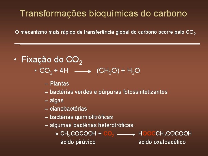 Transformações bioquímicas do carbono O mecanismo mais rápido de transferência global do carbono ocorre