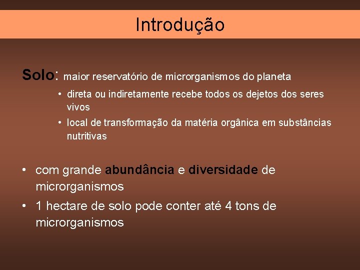 Introdução Solo: maior reservatório de microrganismos do planeta • direta ou indiretamente recebe todos