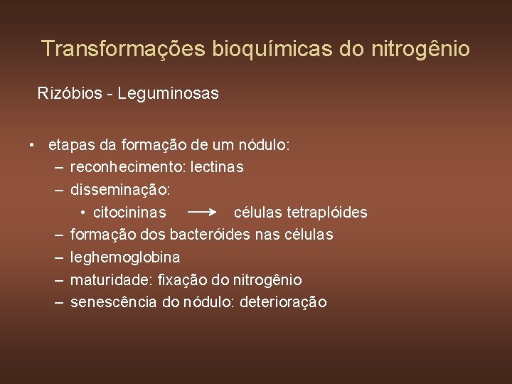 Transformações bioquímicas do nitrogênio Rizóbios - Leguminosas • etapas da formação de um nódulo: