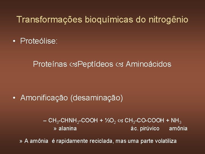 Transformações bioquímicas do nitrogênio • Proteólise: Proteínas Peptídeos Aminoácidos • Amonificação (desaminação) – CH