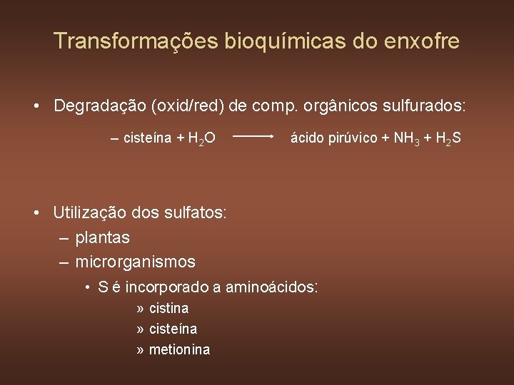 Transformações bioquímicas do enxofre • Degradação (oxid/red) de comp. orgânicos sulfurados: – cisteína +