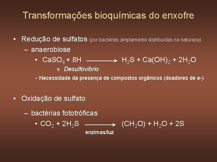 Transformações bioquímicas do enxofre • Redução de sulfatos (por bactérias amplamente distribuídas na natureza)