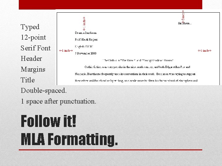 Typed 12 -point Serif Font Header Margins Title Double-spaced. 1 space after punctuation. Follow