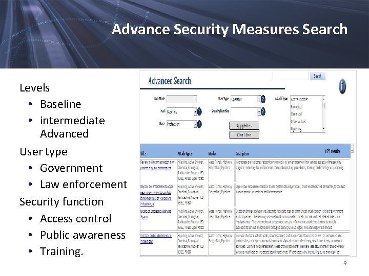Advance Security Measures Search Levels • Baseline • intermediate Advanced User type • Government
