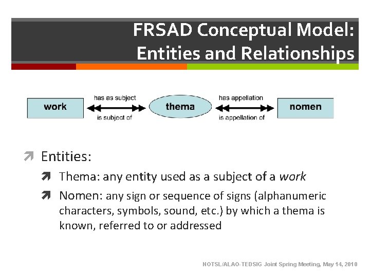 FRSAD Conceptual Model: Entities and Relationships Entities: Thema: any entity used as a subject