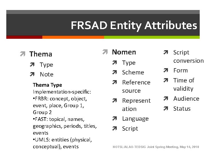 FRSAD Entity Attributes Thema Type Note Thema Type Implementation-specific: • FRBR: concept, object, event, FRSAD Entity Attributes Thema Type Note Thema Type Implementation-specific: • FRBR: concept, object, event,
