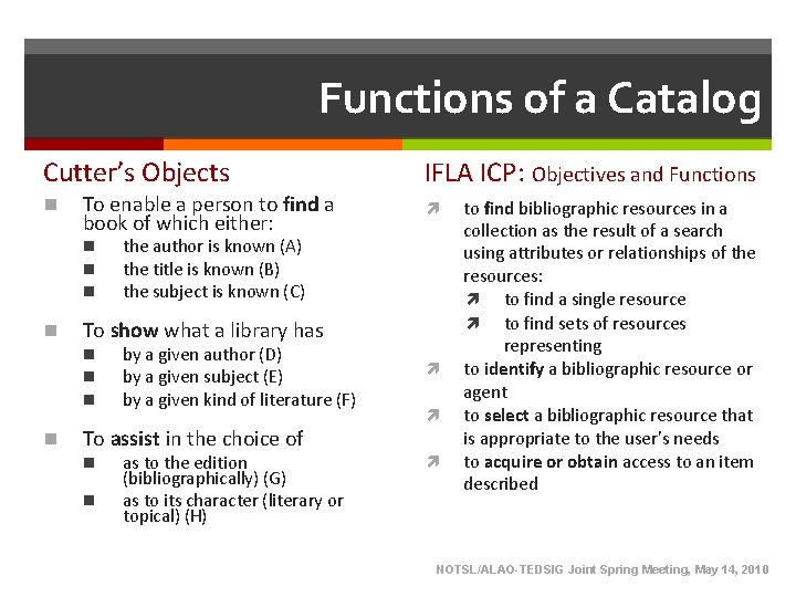 Functions of a Catalog Cutter’s Objects n To enable a person to find a Functions of a Catalog Cutter’s Objects n To enable a person to find a