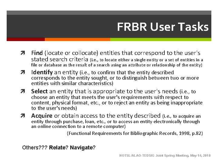 FRBR User Tasks Find (locate or collocate) entities that correspond to the user's stated