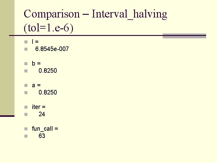 Comparison – Interval_halving (tol=1. e-6) n l= n 6. 8545 e-007 n b= n