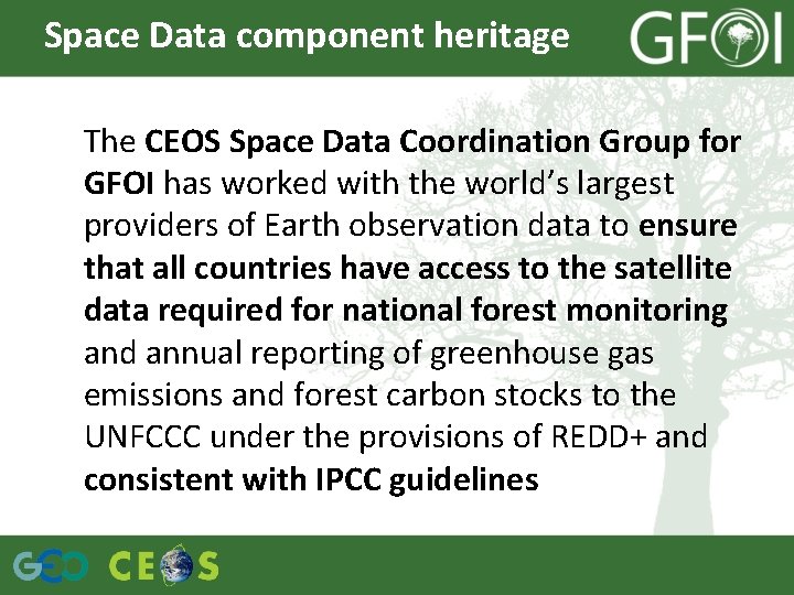 Space Data component heritage The CEOS Space Data Coordination Group for GFOI has worked