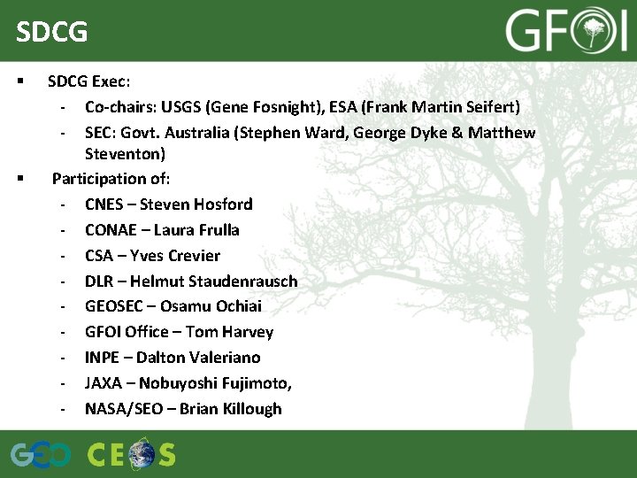 SDCG § § SDCG Exec: - Co-chairs: USGS (Gene Fosnight), ESA (Frank Martin Seifert)