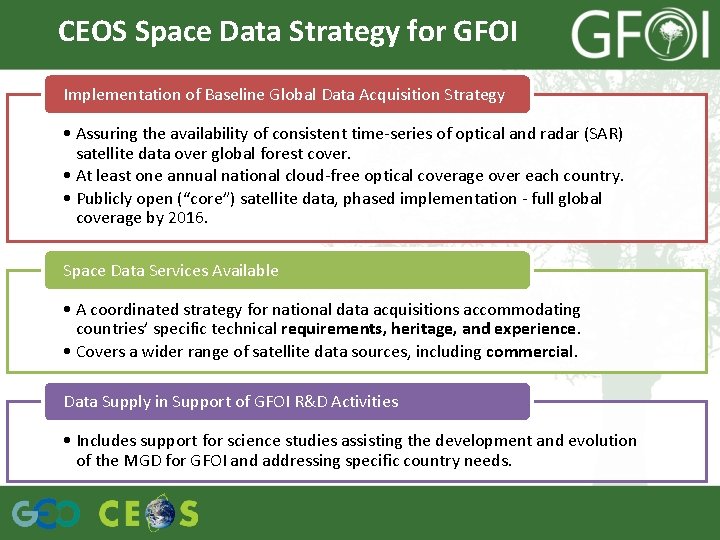 CEOS Space Data Strategy for GFOI Implementation of Baseline Global Data Acquisition Strategy •