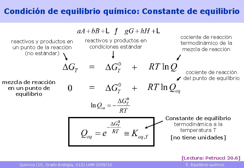 Condición de equilibrio químico: Constante de equilibrio reactivos y productos en un punto de