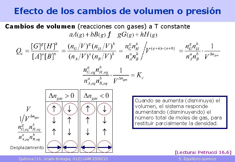 Efecto de los cambios de volumen o presión Cambios de volumen (reacciones con gases)