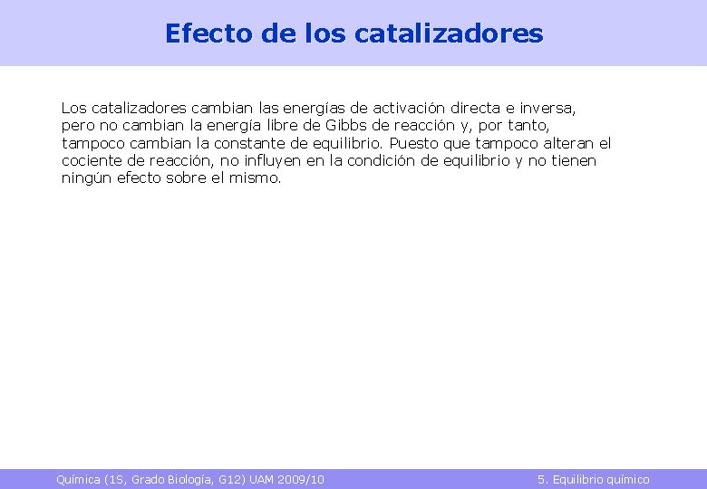 Efecto de los catalizadores Los catalizadores cambian las energías de activación directa e inversa,