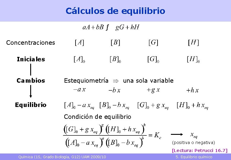 Cálculos de equilibrio Concentraciones Iniciales Cambios Estequiometría una sola variable Equilibrio Condición de equilibrio