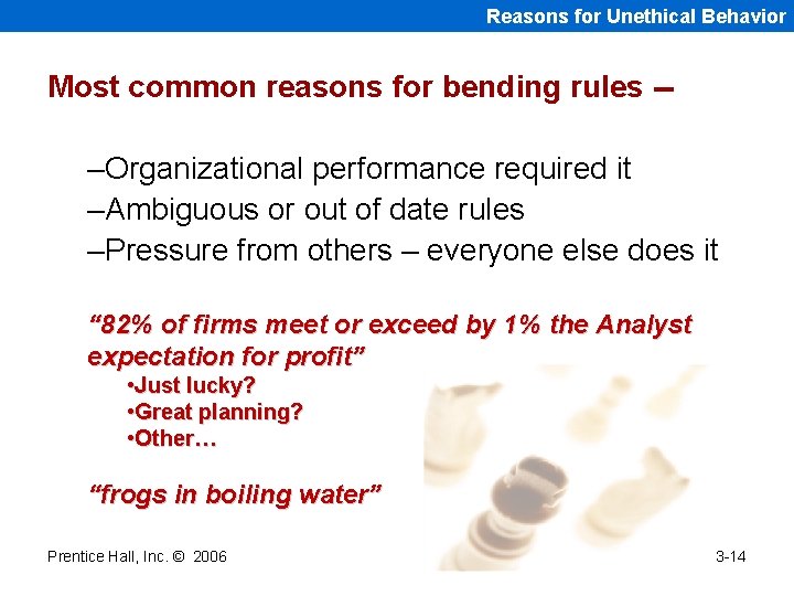 Reasons for Unethical Behavior Most common reasons for bending rules -- –Organizational performance required