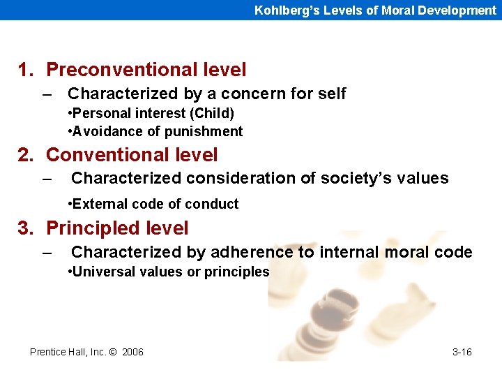 Kohlberg’s Levels of Moral Development 1. Preconventional level – Characterized by a concern for