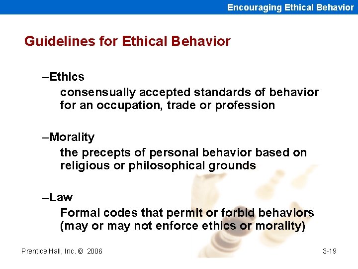 Encouraging Ethical Behavior Guidelines for Ethical Behavior –Ethics consensually accepted standards of behavior for