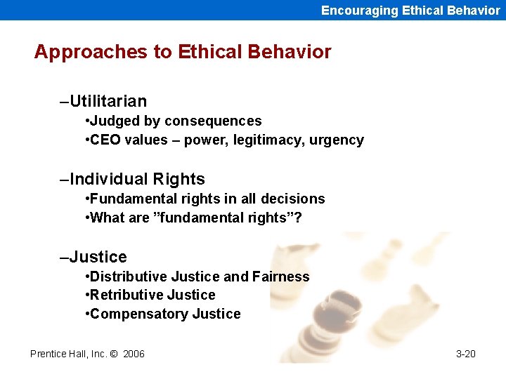 Encouraging Ethical Behavior Approaches to Ethical Behavior –Utilitarian • Judged by consequences • CEO