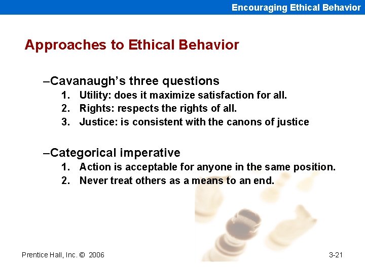 Encouraging Ethical Behavior Approaches to Ethical Behavior –Cavanaugh’s three questions 1. Utility: does it