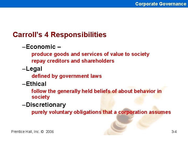 Corporate Governance Carroll’s 4 Responsibilities –Economic – produce goods and services of value to