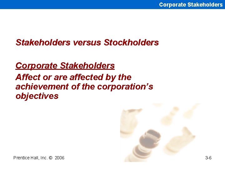 Corporate Stakeholders versus Stockholders Corporate Stakeholders Affect or are affected by the achievement of