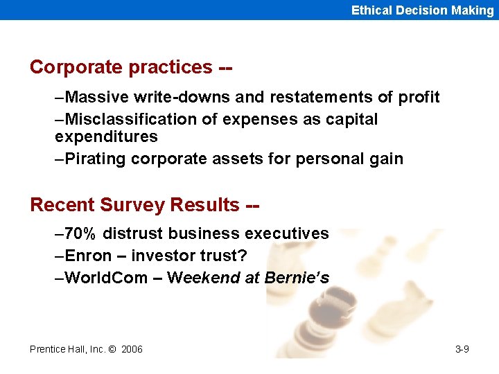 Ethical Decision Making Corporate practices -–Massive write-downs and restatements of profit –Misclassification of expenses