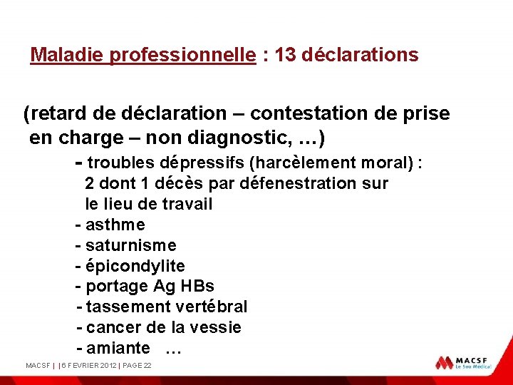 MEDECINE du TRAVAIL (2000 - 2010) Maladie professionnelle : 13 déclarations (retard de déclaration