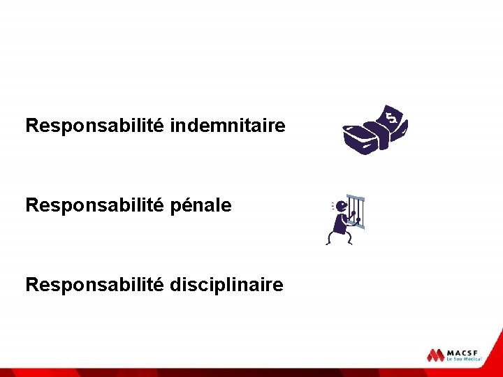 Responsabilité indemnitaire Responsabilité pénale Responsabilité disciplinaire 
