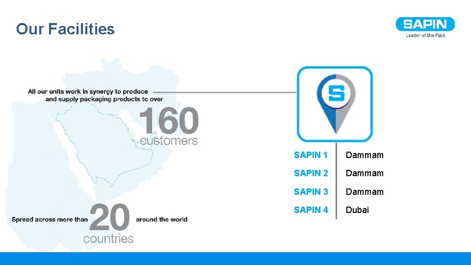 Our Facilities SAPIN 1 Dammam SAPIN 2 Dammam SAPIN 3 Dammam SAPIN 4 Dubai