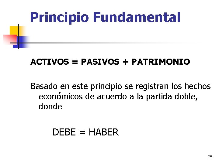 Principio Fundamental ACTIVOS = PASIVOS + PATRIMONIO Basado en este principio se registran los