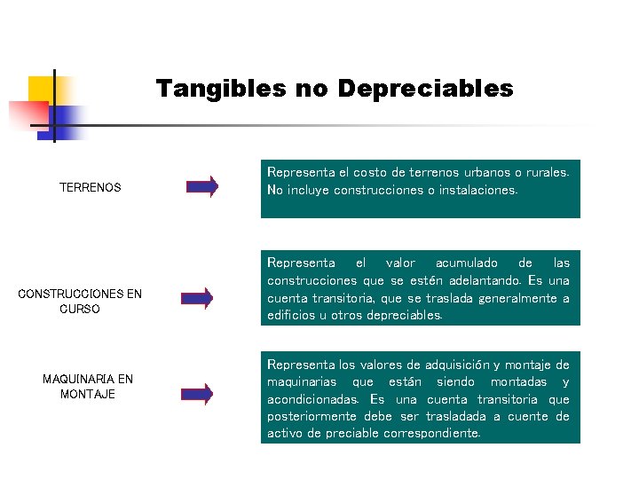 Tangibles no Depreciables TERRENOS CONSTRUCCIONES EN CURSO MAQUINARIA EN MONTAJE Representa el costo de