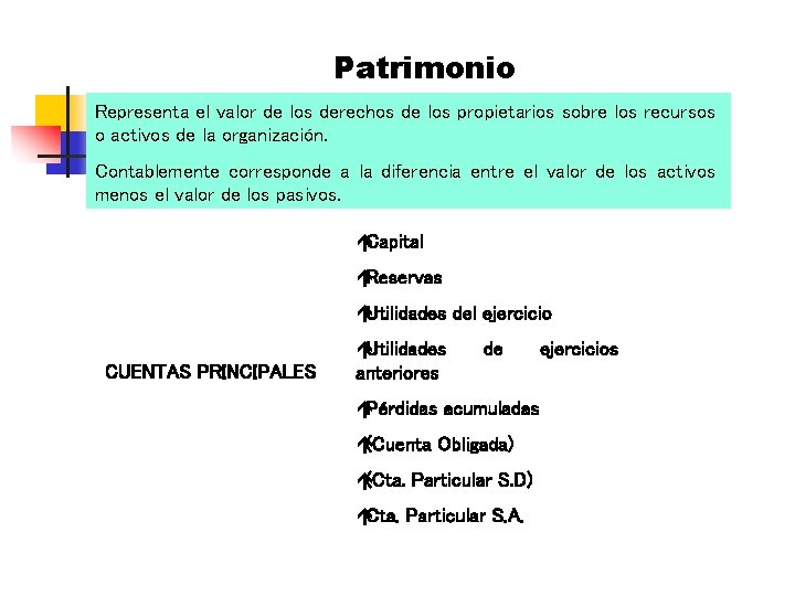 Patrimonio Representa el valor de los derechos de los propietarios sobre los recursos o