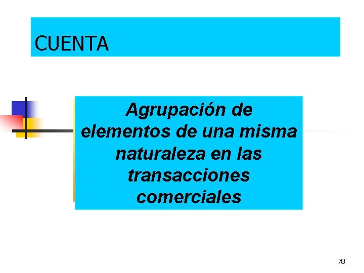 CUENTA Agrupación de elementos de una misma naturaleza en las transacciones comerciales 78 