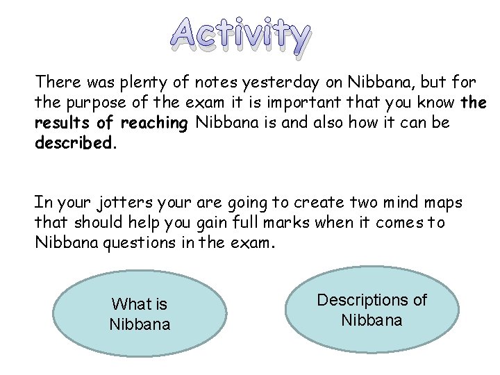 Activity There was plenty of notes yesterday on Nibbana, but for the purpose of